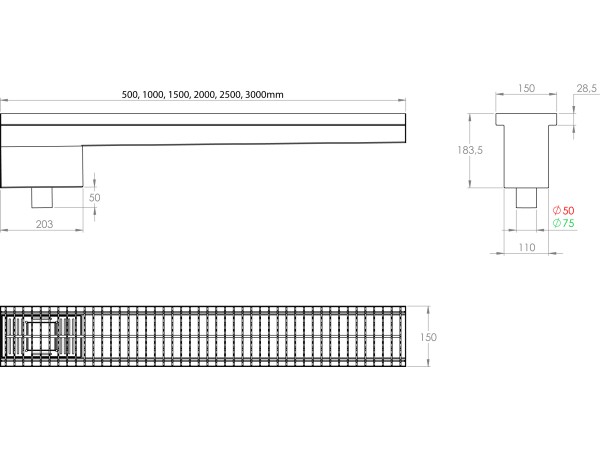 Inoks podna rešetka s koritom i sifonom, dimenzija 150mm x 3000mm  x Ø50mm / Ø75mm vodoravno / okomito POGODNA ZA PRELAZAK VOZILOM PROTUKLIZNA