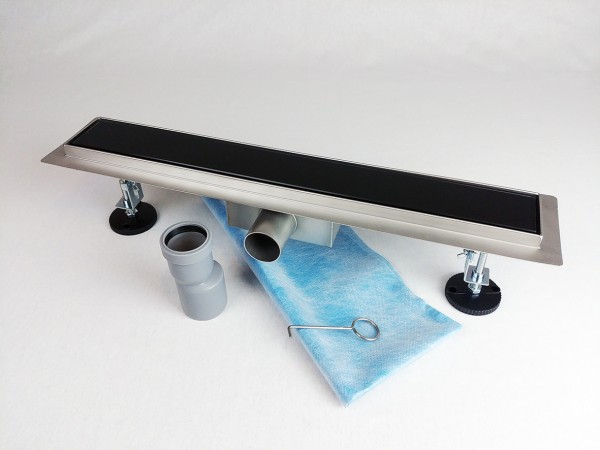 Kanaleta tuš s ČRNIM KALJENIM STEKLENIM pokrovom, dimenzij: 1000(d)x70(š)x70(v)mm INOX