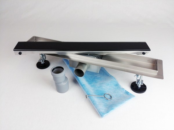 Kanaleta tuš s ČRNIM KALJENIM STEKLENIM pokrovom, dimenzij: 1000(d)x70(š)x70(v)mm INOX