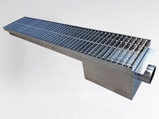 Inoks podna rešetka s koritom i sifonom, dimenzija 150mm x 3000mm  x Ø50mm / Ø75mm vodoravno / okomito POGODNA ZA PRELAZAK VOZILOM PROTUKLIZNA
