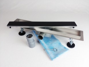 Kanaleta tuš s ČRNIM KALJENIM STEKLENIM pokrovom, dimenzij: 1000(d)x70(š)x70(v)mm INOX