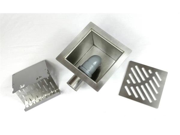 Talni sifon komplet s čelno ploščo debeline 5mm s PERFORIRANIM VZORCEM (AVTOPOVOZNO) 150x150x86mm INOX Ø30mm horizontalno